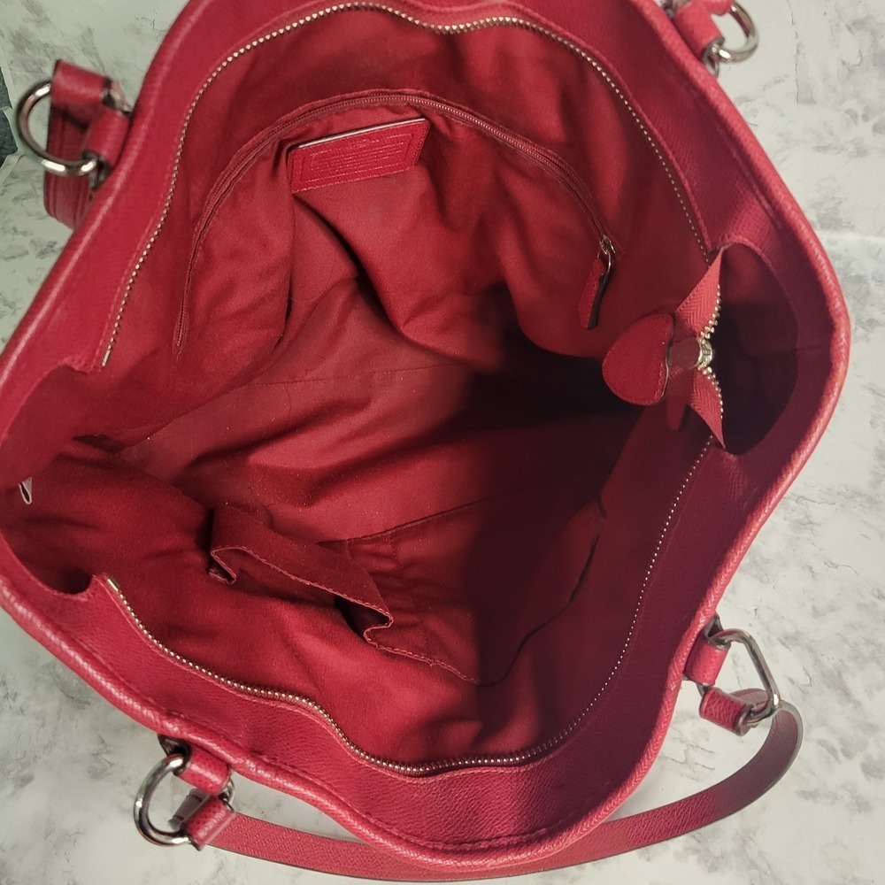 Coach Red Pebbled Leather Signature Canvas Tote Bag Silver Hardware - Picture 12 of 12